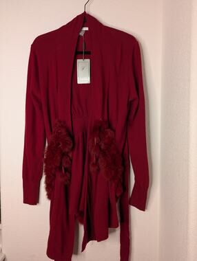 Felicity NWT Women Wool Cardigan L Red Belted 100% Rabbit Fur Detail Cottagecore